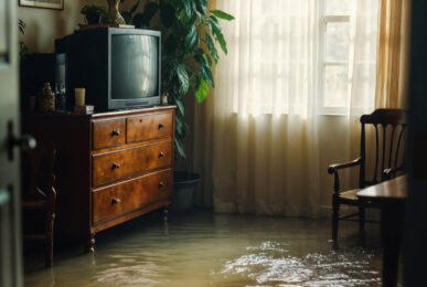 Living room chaos showing what to do when your house floods.